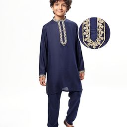 Pine Kids Woven Full Sleeves Kurta Pyjama Set With Lace Detailing - Navy Blue-image-58