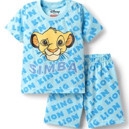 Babyhug Disney Single Jersey Knit Half Sleeves Shorts Night Suit With Lion King Graphics - Light Blue-image-99