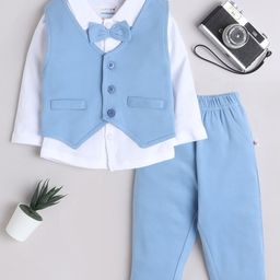 BUMZEE Cotton Knit Full Sleeves Solid Color 3 Piece Party Suit with Bow - Light Blue & White-image-64