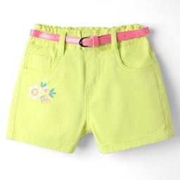 Babyhug Twill Woven Mid Thigh Floral Embroidery Shorts With Belt & Stretch - Lime Green-image-3