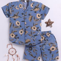 Clt.s Cotton Woven Half Sleeves Floral Printed Coordinating Night Suit Set - Blue-image-24