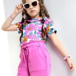 OLLINGTON ST. Cotton Knit Half Sleeves Floral Printed Top With Frill Detailing & Knit Shorts - Pink & White-picture-31