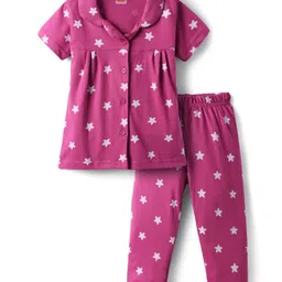 Babyhug Cotton Knit Half Sleeves Co-Ord Night Suit With Star Print - Purple-picture-6