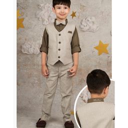 LITTLE COLLARS Cotton Full Sleeves Striped 3 Piece Party Suit With Bow Set - Khaki-image-71