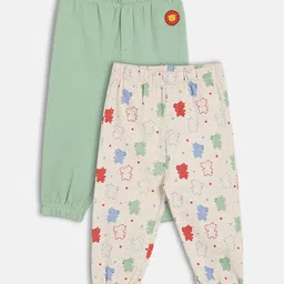 MINI KLUB Cotton Knit Pack Of 2 Sun Patch Embroidered & Baby Hippos Printed Pants - Green & Pink-picture-41
