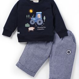 Ollypop Cotton Knit Full Sleeves T-Shirt & Checked Pant Set with Teddy Print - Navy Blue & Offwhite-picture-34