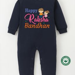 BLUSHES 100% Cotton Knit Raksha Bandhan Theme Full Sleeves Happy Raksha Bandhan Text Printed Romper - Navy Blue-image-5