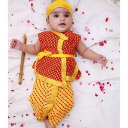KID1 Cotton Woven Janmasthami Theme Sleeveless Krishna Costume Set With Mor Pankh & Headband - Red & Yellow-image-88