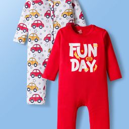 Doodle Poodle 100% Cotton Interlock Knit Full Sleeves Rompers With Vehicle Print Pack Of 2 - Red & White-picture-8