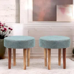 Ikiriya Set of 2 Blue Wooden Round Stools With Jacquard Work Upholstery-47