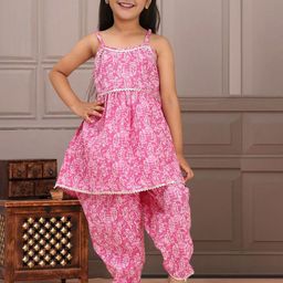 Cutiekins Girls Floral Printed Gotta Patti Shoulder Straps A-Line Kurta With Dhoti Pant-image-70