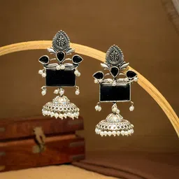 NAMAN ARTS Silver Plated Artificial Stones Studded & Beaded Dome Shaped Jhumkas-image-51
