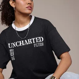 The Roadster Life Co. Typography Printed Drop-Shoulder Sleeves Oversized T-shirt-image-96
