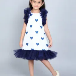 Pink Chick Girls Navy Blue Cotton Frill Sleeves Printed A-Line Dress-image-93