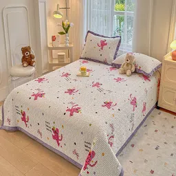 JC HOME White & Purple Printed Double King Bed Cover With Pillow-image-38