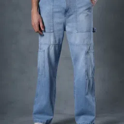 Bewakoof Blue Cotton Straight Fit Cargo Jeans-picture-35