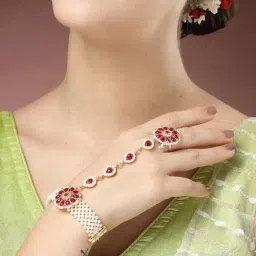 NVR Women's Red Gold-Plated Stone Studded Handcrafted Ring Bracelet-19