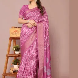 Mirchi Fashion Pink Silk Blend Block Print Saree With Unstitched Blouse-image-13