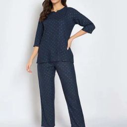 Clovia Navy Regular Fit Printed Top & Pyjama Set-picture-4