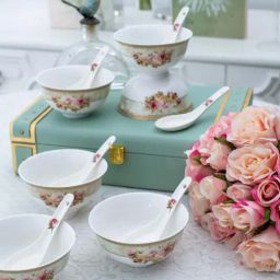 White Gold White Porcelain Soup Bowls with Spoons - Set of 6-image-60