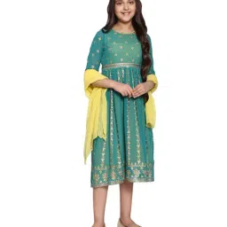 Aurelia Kids Green & Yellow Printed Dress with Dupatta-image-71
