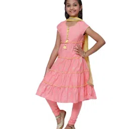 BIBA Girls Peach & Yellow Printed Kurta, Churidars with Dupatta-image-71