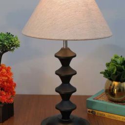 Homesake Beige & Black Metal Pillar-Shaped Table Lamp With Fabric Shade-19