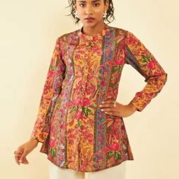Soch Mustard Poly Muslin Floral Print Full Sleeves Tunic-picture-14