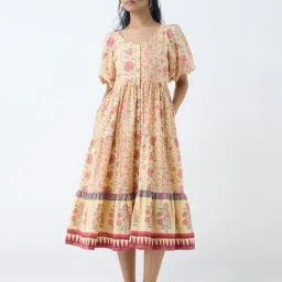Bombay Paisley by Westside Yellow Floral Pattern Cotton Tiered Dress-picture-47