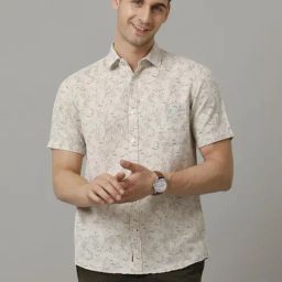 Linen Club Beige Linen Regular Fit Printed Shirt-image-58