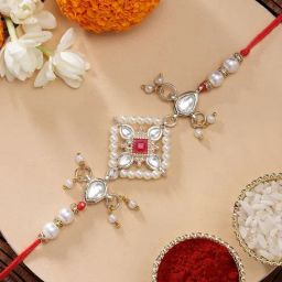 Karatcart Traditional Red Stone Floarl Handmade Kundan Rakhi for Brother with Roli & Chawal-16