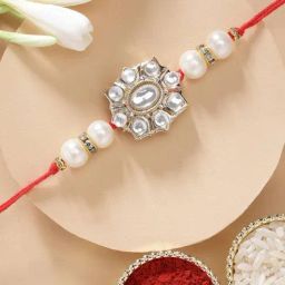 Karatcart Stylish Floral Design Pearl and Kundan Rakhi for Brother with Roli & Chawal-13