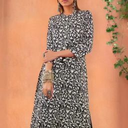 Soch Womens Black Viscose Batik Printed Straight Kurta With Tassels-1