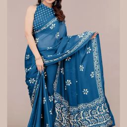 Mirchi Fashion Blue Chiffon Block Print Saree With Unstitched Blouse-1