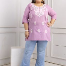 Lee Moda Plus Size Paisley Embroidered Round Neck Pure Cotton Kurti-image-64