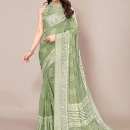 Mirchi Fashion Green Chiffon Block Print Saree With Unstitched Blouse-picture-24