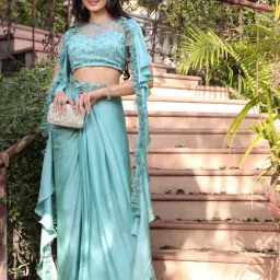 Label Aditi Hundia Green Satin Clara Drape Skirt-image-15
