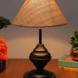 Homesake Brown & Black Metal Cone-Shaped Table Lamp With Fabric Shade-39