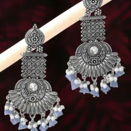 Oomph Jewellery Oxidized Silver Ethnic Silver Look Alike with Blue Beads & Pearls Dangler Earrings-image-96