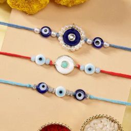 Karatcart Set of 3 Handmade Meenakari Evil Eye Kundan Rakhis for Brother with Roli & Chawal-3