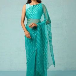 Taneira Sea Green Striped Saree With Unstitched Blouse-image-48