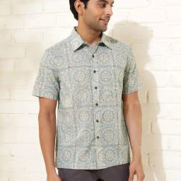 Fabindia White & Blue Cotton Straight Fit Printed Shirt-image-21