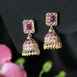 Aatmana Pink Coloured Gold-Plated AD-Studded H and crafted Square Shaped Jhumki Earrings-27