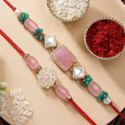 Karatcart Set of 2 Pink Carved Stone Floral Handmade Kundan Rakhi for Brother with Roli & Chawal-19