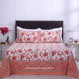 Shahenaz Orange 120 TC Cotton Rama Victoria Jaal Double Bedsheet with 2 Pillow Covers-image-72