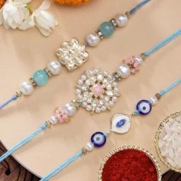 Karatcart Set of 3 Handmade Meenakari Evil Eye Kundan Rakhis for Brother with Roli & Chawal-24