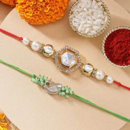Karatcart Set of 2 Light Green Fish Handmade Polki Kundan Pearl Rakhi for Brother with Roli & Chawal-17