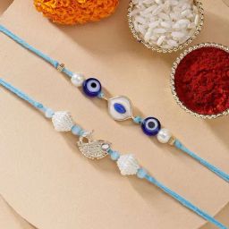 Karatcart Set of 2 Handmade Meenakari Evil Eye and Fish Kundan Rakhi for Brother with Roli & Chawal-8