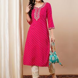 PRISCA Floral Printed Notch Neck Thread Work Straight Kurta-image-17