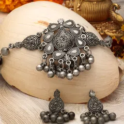 Moedbuille Silver-Plated Oxidised Necklace And Earrings-image-89